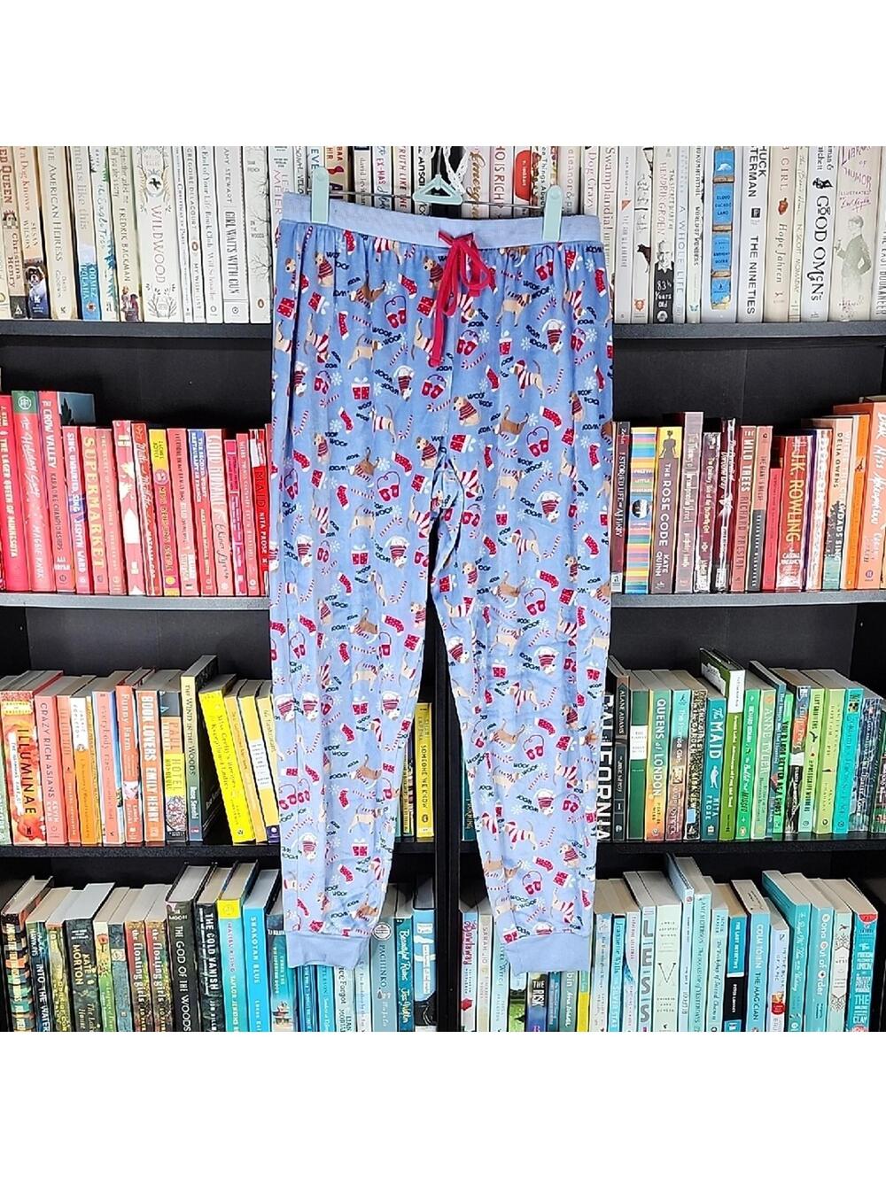 Goodnight Kiss Cozy Blue Pajama Bottoms Dog Holiday Print Super Soft Stretchy Lg
